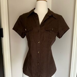 Brown Button-Up Women's Top linen